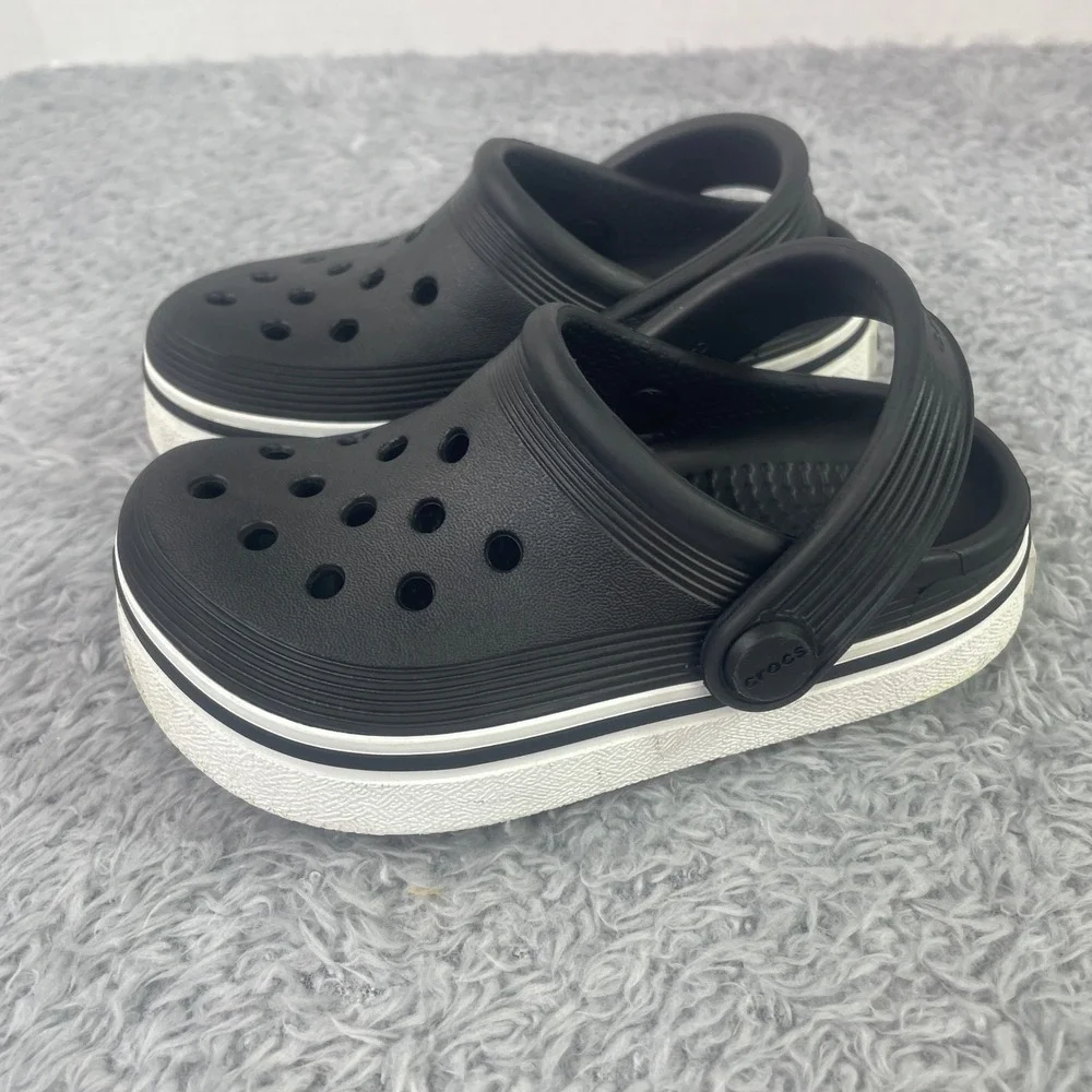 Crocs Bayaband Child Size C8 Black White Sporty Racing Stripe Sandals